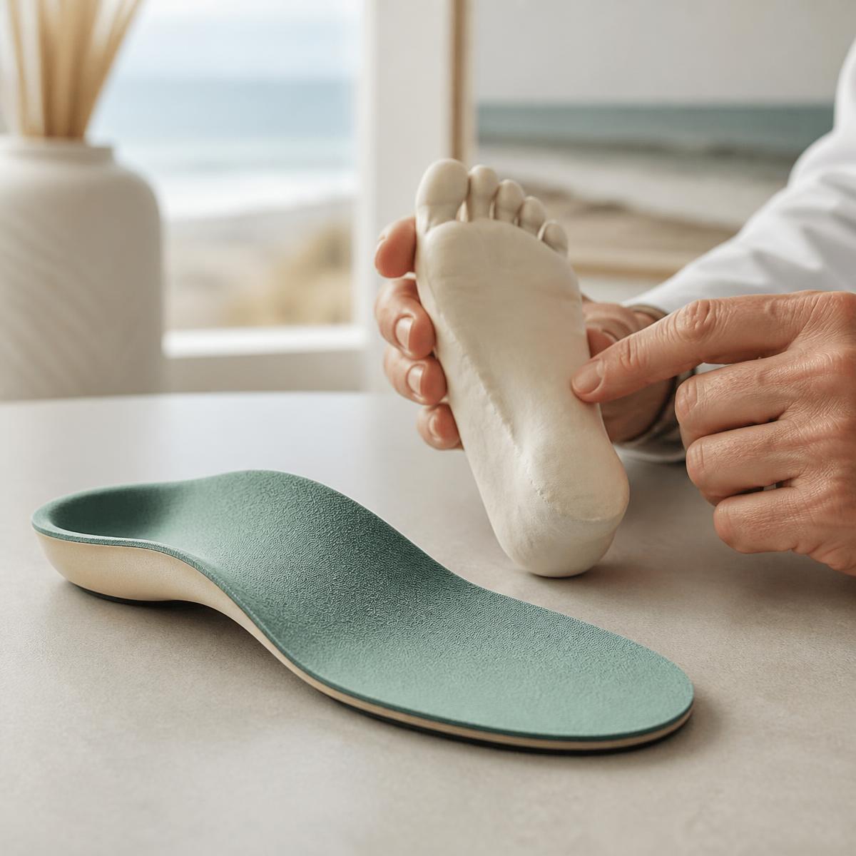 Custom prescription foot orthotic beside a cast impression of a patient's foot